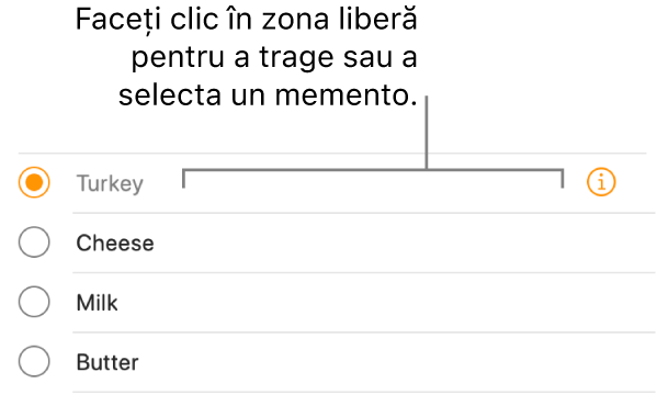 Faceți clic în zona goală din partea dreaptă a numelui unui memento pentru a-l selecta.
