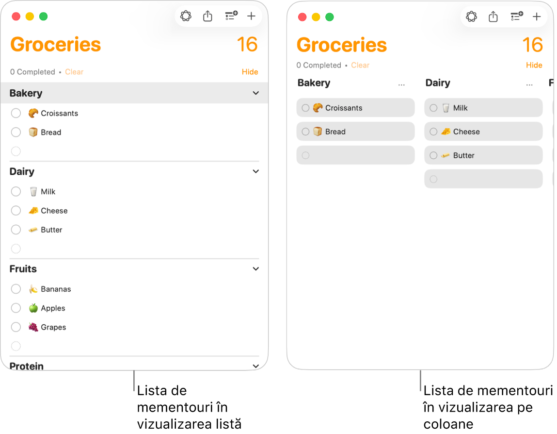 În stânga se afișează o listă de mementouri vizualizată sub forma unei liste; în dreapta, aceeași listă de mementouri este vizualizată sub formă de coloane. Lista de mementouri are trei secțiuni; titlurile secțiunilor sunt utilizate drept anteturi de coloană.