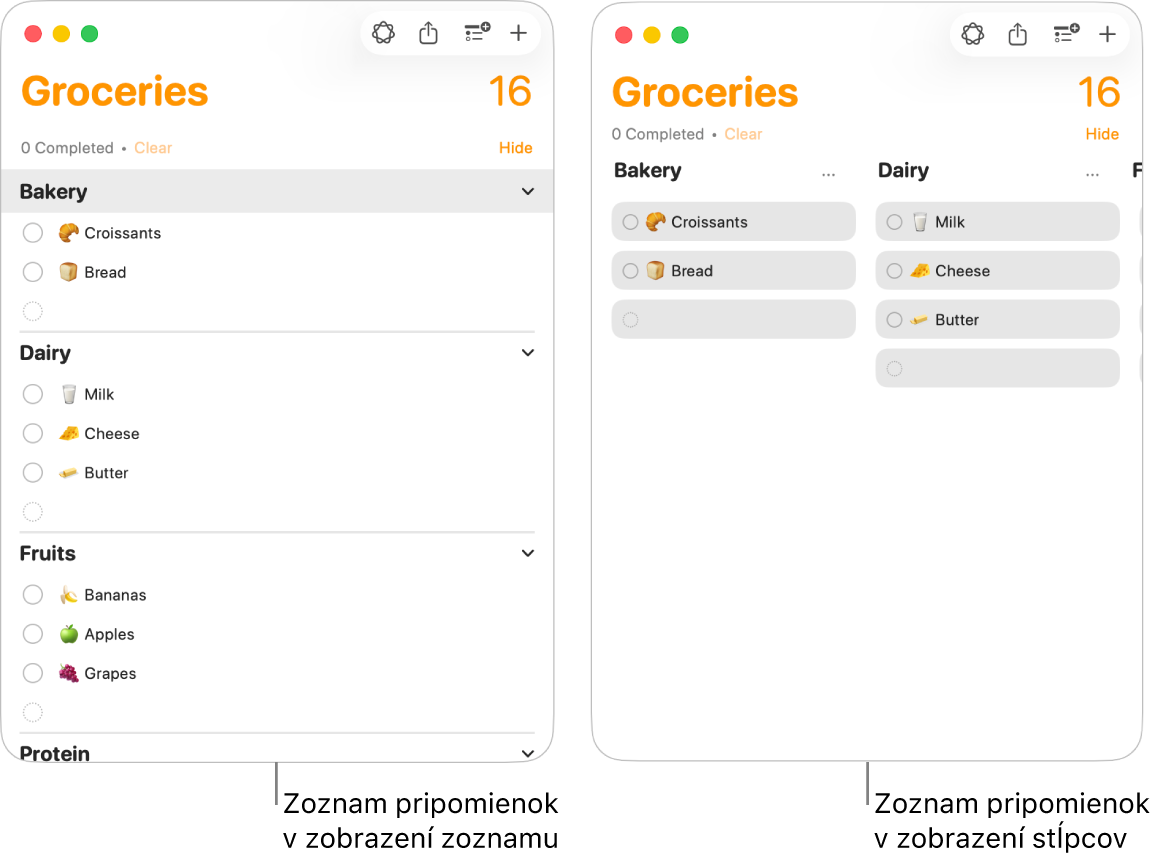 Na ľavej strane je zoznam pripomienok zobrazený vo formáte zoznamu. Na pravej strane je ten istý zoznam pripomienok vo formáte stĺpcov. Zoznam pripomienok má tri sekcie. Nadpisy sekcií sa používajú ako hlavičky stĺpcov.