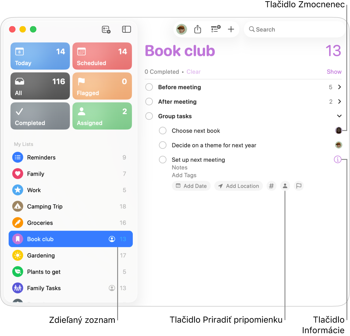 Okno apky Pripomienky zobrazujúce zdieľaný zoznam s priradenými pripomienkami.