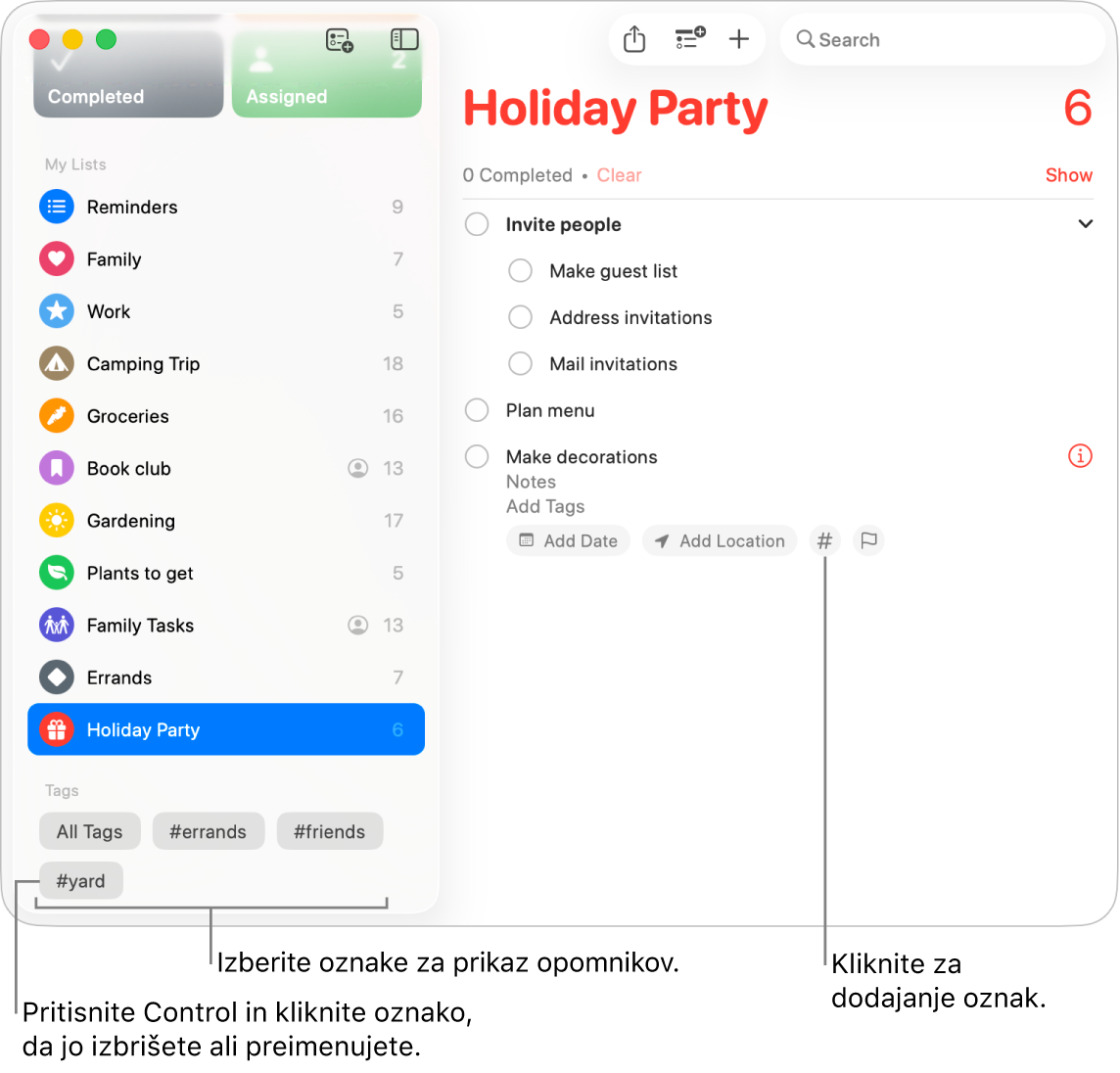 Okno Opomnikov, ki prikazuje več oznak v stranski vrstici in opomnik z gumbom Oznake.