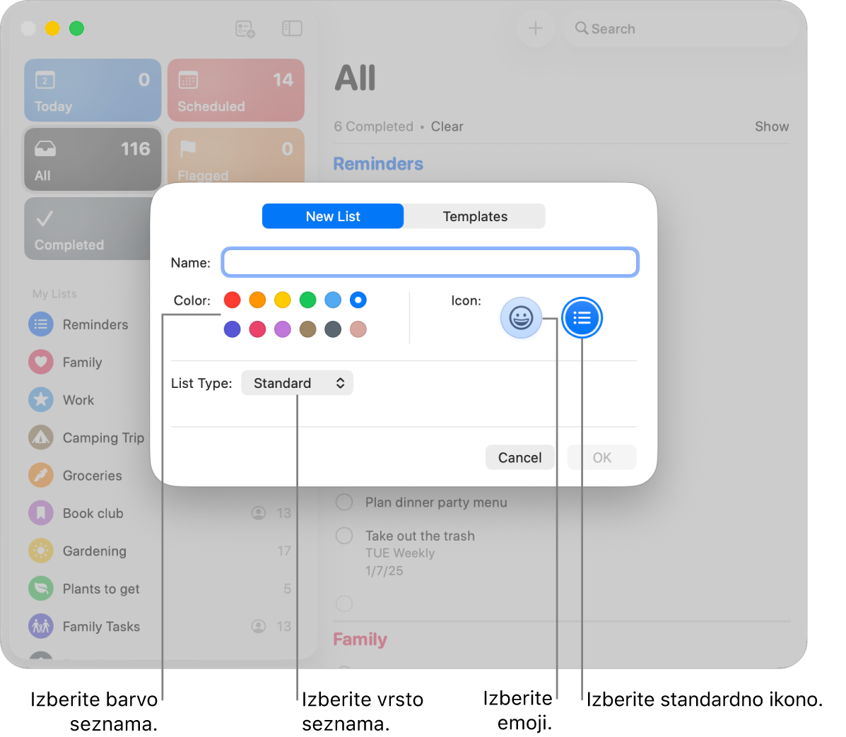 Okno Opomnikov s prikazom možnosti za nov seznam.