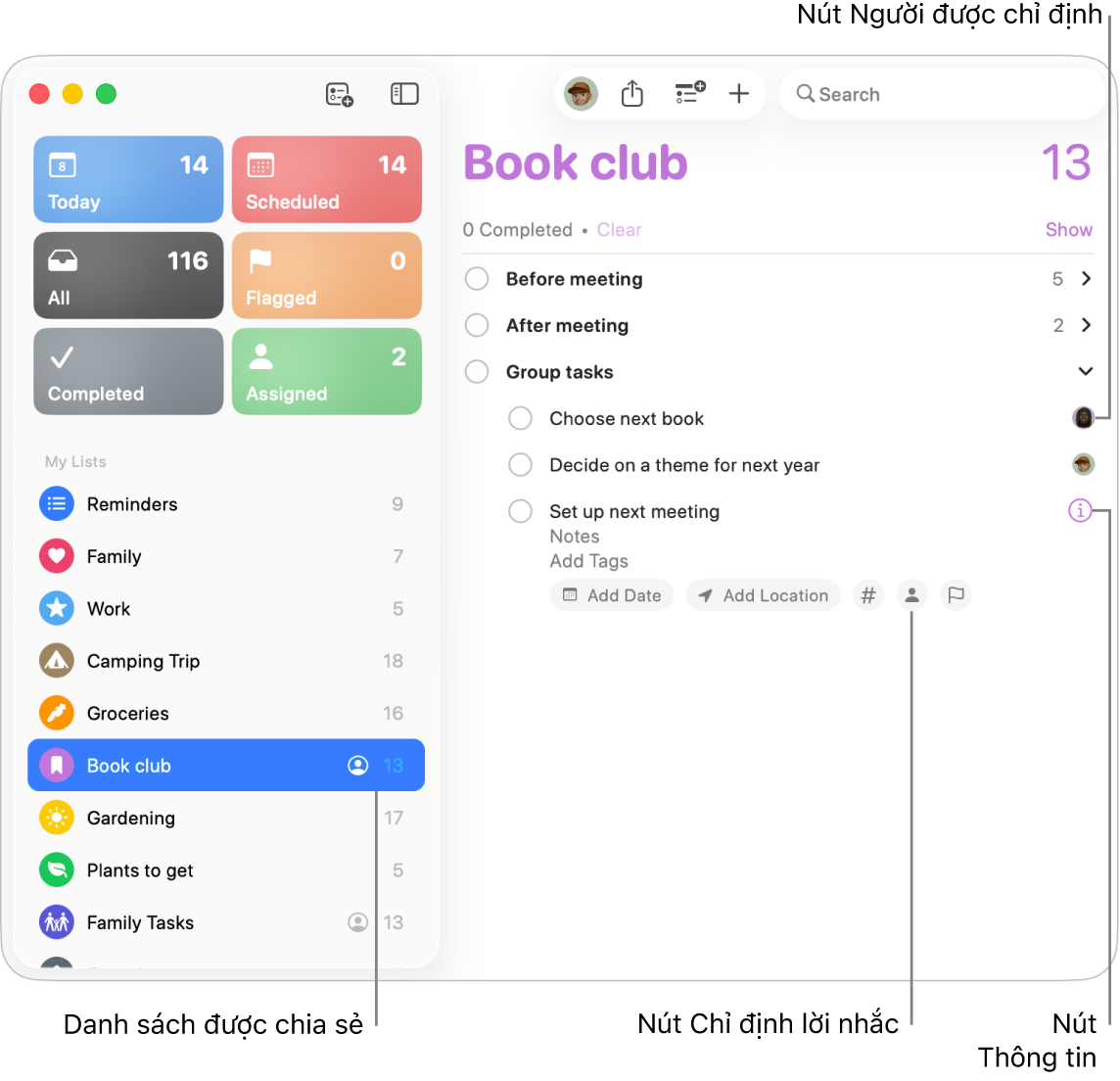 Cửa sổ Lời nhắc đang hiển thị danh sách được chia sẻ với các lời nhắc được chỉ định.