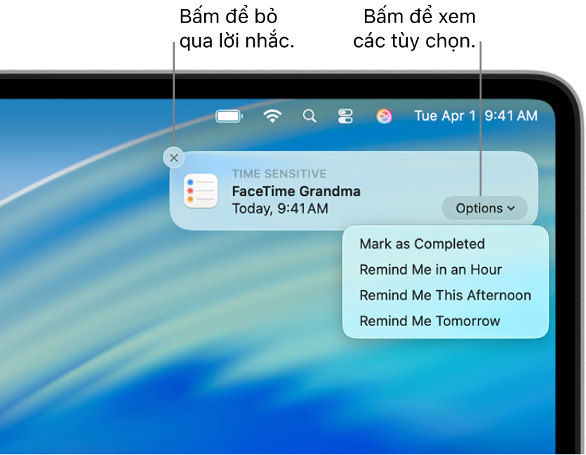 Thông báo lời nhắc với các nút Hoàn thành và Sau.