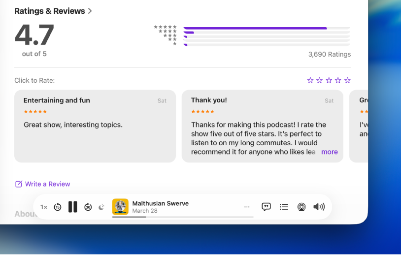Sekce „Hodnocení a recenze“ pořadu v aplikaci Podcasty zobrazující oblast s hvězdičkami pro hodnocení recenze a volbu Napsat recenzi