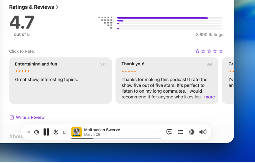 The Ratings & Reviews section for a show in the Podcasts app, showing the star selection area for rating a review and the Write a Review option.