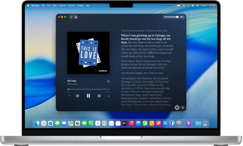 The Apple Podcasts app on a Mac, showing the transcript for an episode. Highlighted words indicate what’s currently being said in the podcast.