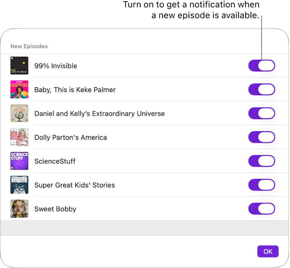 The Notifications options. Click the switch to get a notification when a new episode is available.