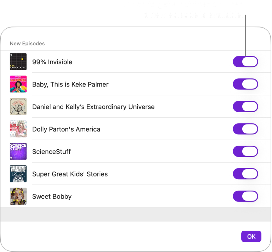 The Notifications options. Click the switch to get a notification when a new episode is available.