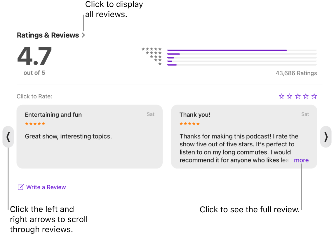 The Ratings & Reviews section for a show in Podcasts. Click the left and right arrows at the edges of the screen to scroll backward or forward. Click “more” to see an entire review.