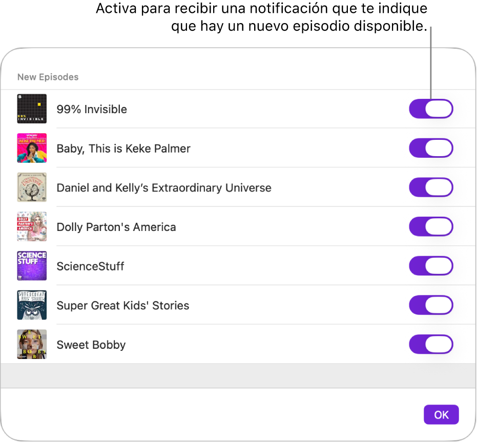 Las opciones de Notificaciones. Haz clic en el conmutador para recibir una notificación cuando haya un episodio nuevo disponible.