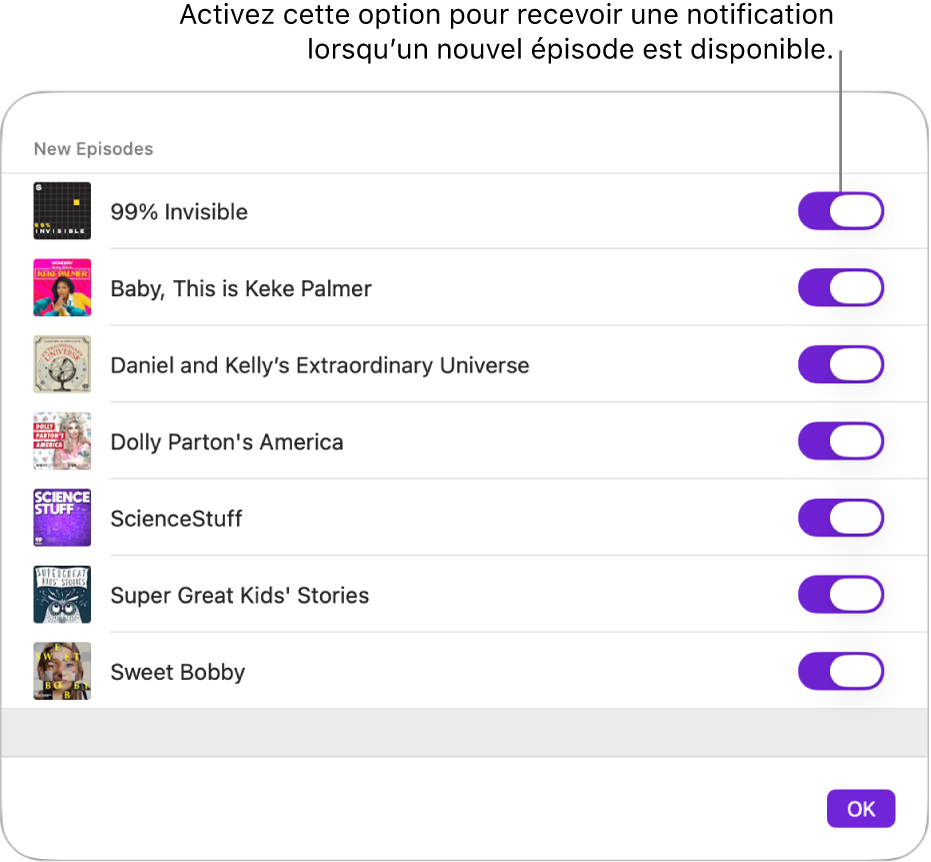 Les options des notifications. Cliquez sur le bouton pour recevoir une notification lorsqu’un nouvel épisode est disponible.