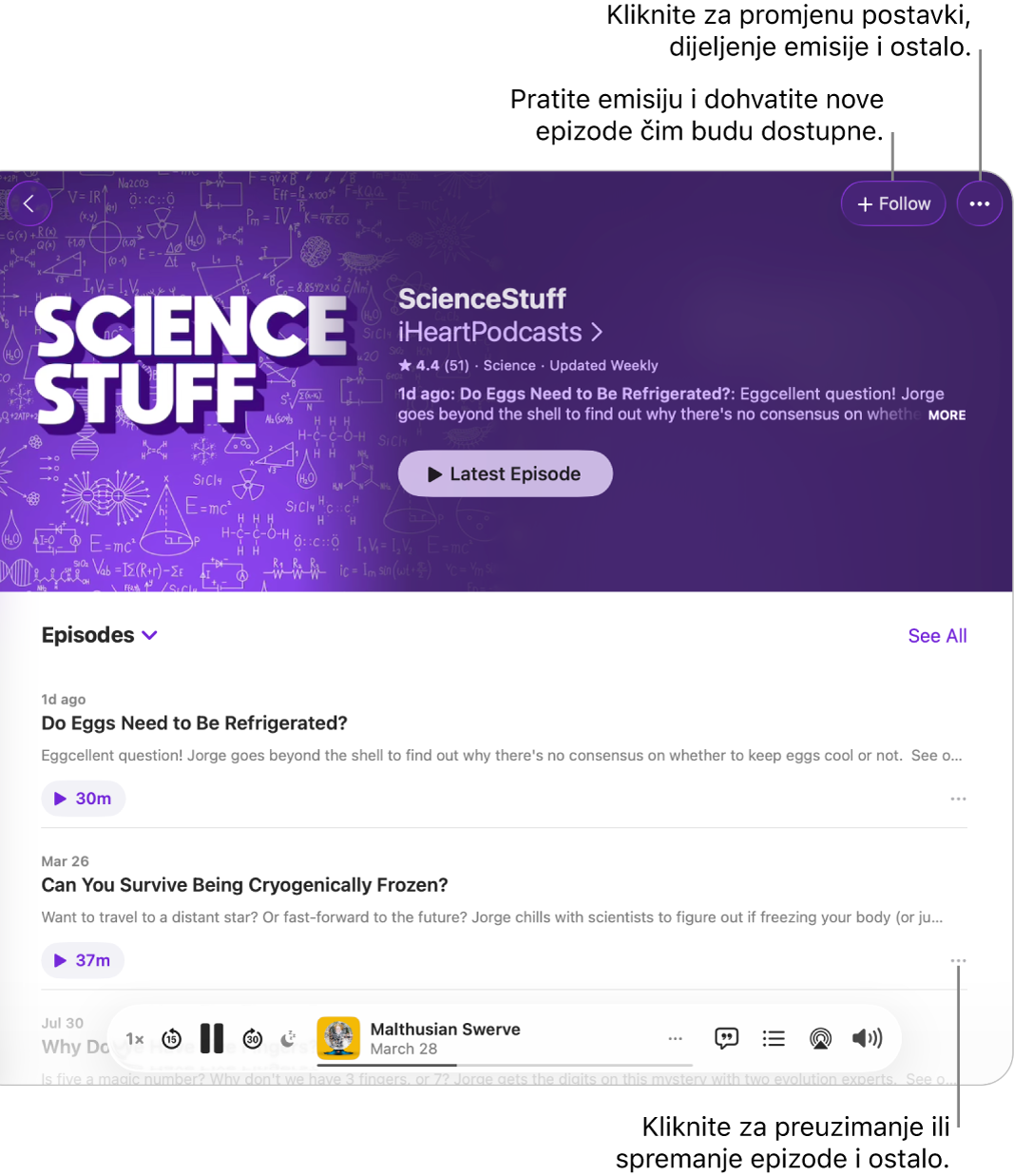 Informativna stranica za podcast s tipkama Prati i Više za emisiju pri vrhu. Na dnu stranice nalazi se sažetak epizode i tipka Više za epizodu.