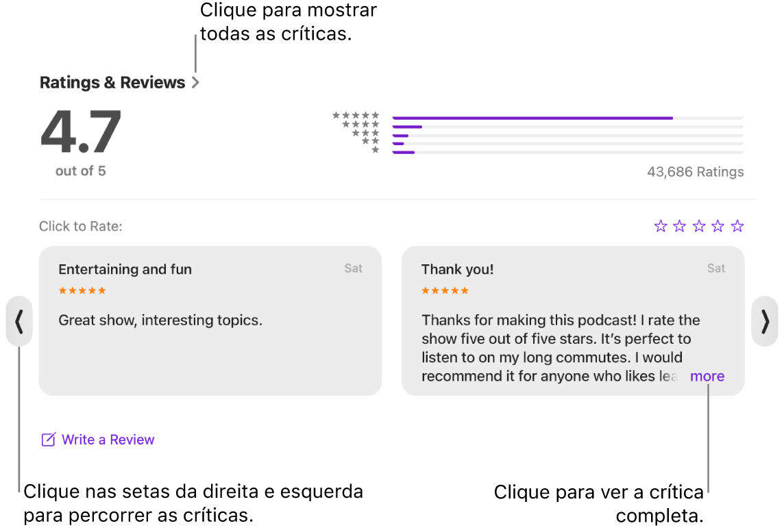 A secção Classificações e críticas para um programa na aplicação Podcasts. Clique nas setas para a esquerda e direita nas extremidades do ecrã para se deslocar para a frente ou para trás. Clique em “mais” para ver uma crítica completa.