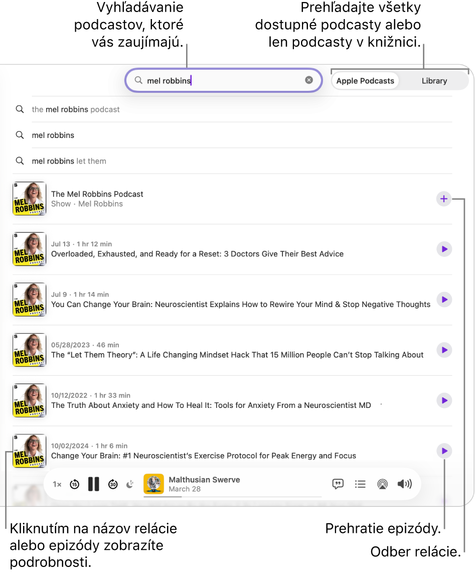 Okno apky Podcasty zobrazujúce text zadaný do vyhľadávacieho poľa v strede hornej časti, a relácie a epizódy, ktoré zodpovedajú vyhľadávaniu vo všetkých podcastoch na obrazovke nižšie. Kliknutím na výsledok sa zobrazia detaily. Kliknite na tlačidlo Nasledovať vedľa relácie, čím ju začnete sledovať. Kliknutím na tlačidlo Prehrať pre epizódu si danú epizódu prehráte.
