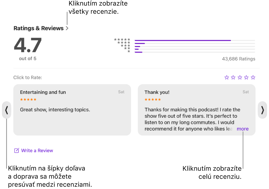 Sekcia Hodnotenia a recenzie pre reláciu v apke Podcasty. Klikajte na šípky doprava a doľava na okrajoch obrazovky, čím sa budete posúvať dozadu alebo dopredu. Kliknutím na „viac“ zobrazte celú recenziu.