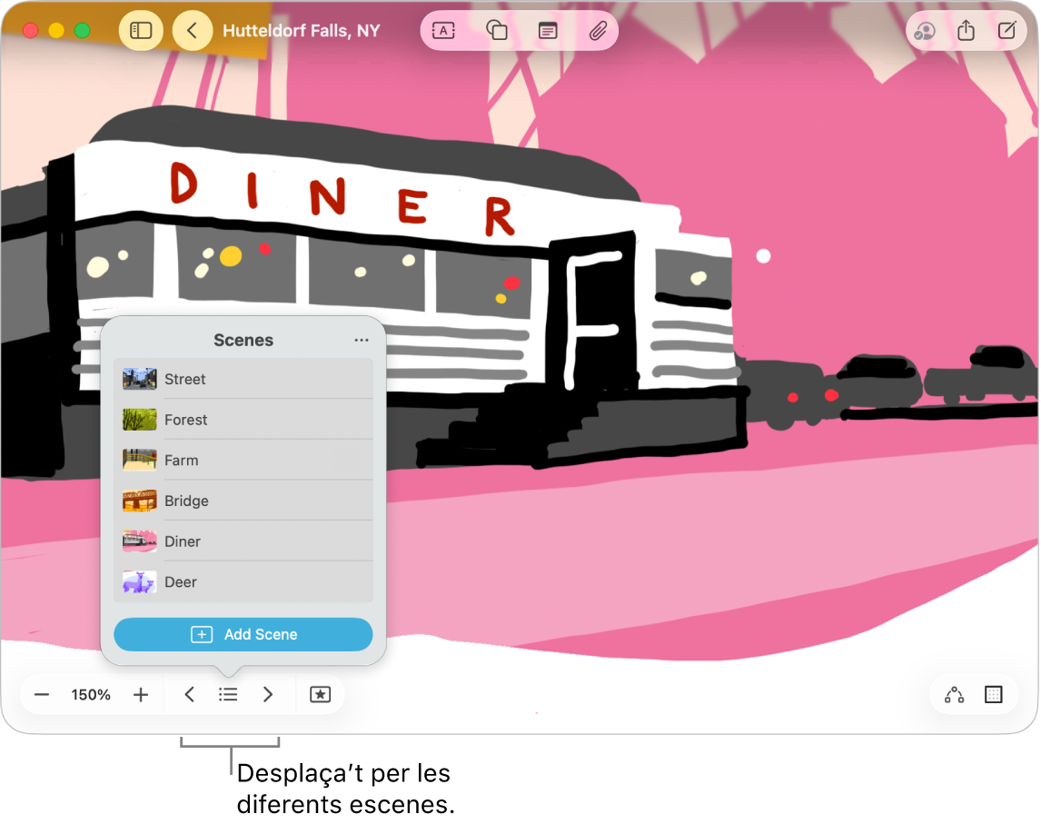 Una pissarra del Freeform amb el navegador d’escenes obert.