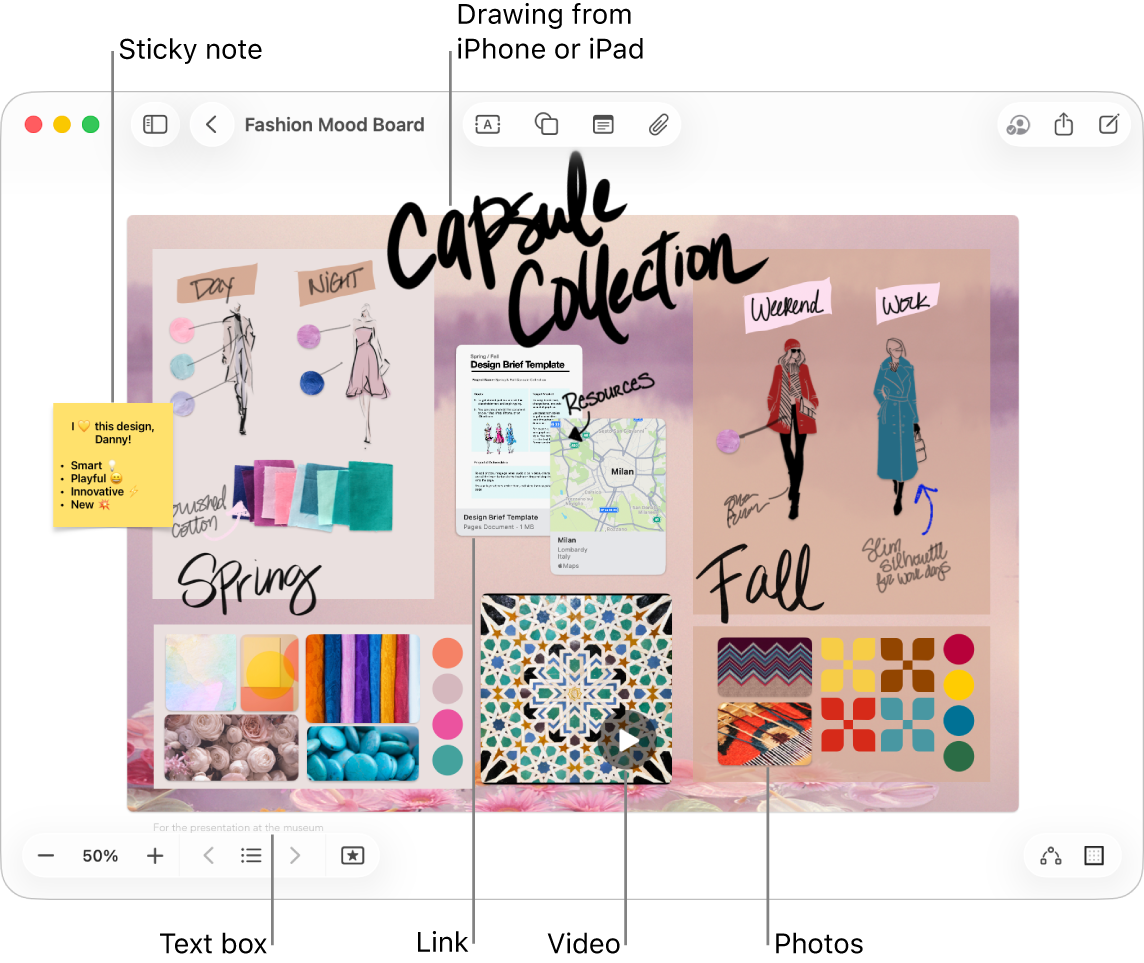 A Freeform board with various items, such as a drawing from an iPhone or iPad, a sticky note, a link, a text box, a video and several photos.
