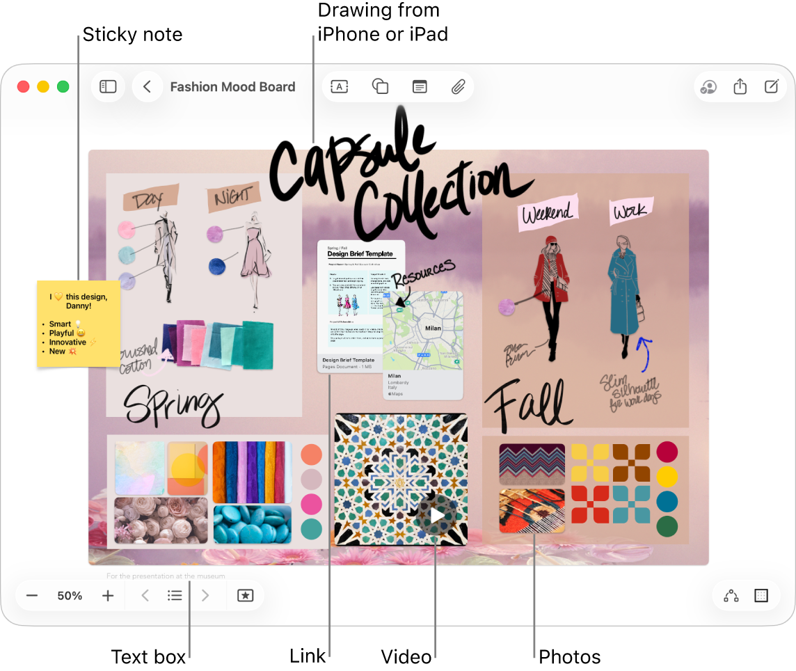 A Freeform board with various items, such as a drawing from an iPhone or iPad, a sticky note, a link, a text box, a video, and several photos.