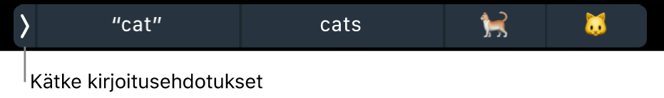 Kirjoitusehdotuksia, joissa näkyy sanoja ja emojeja, ja vasemmalla painike, jolla kirjoitusehdotukset voidaan kätkeä.