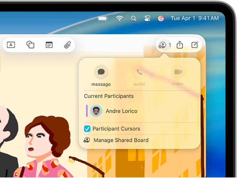 L’app Freeform qui affiche le menu contextuel de collaboration avec un autre participant.