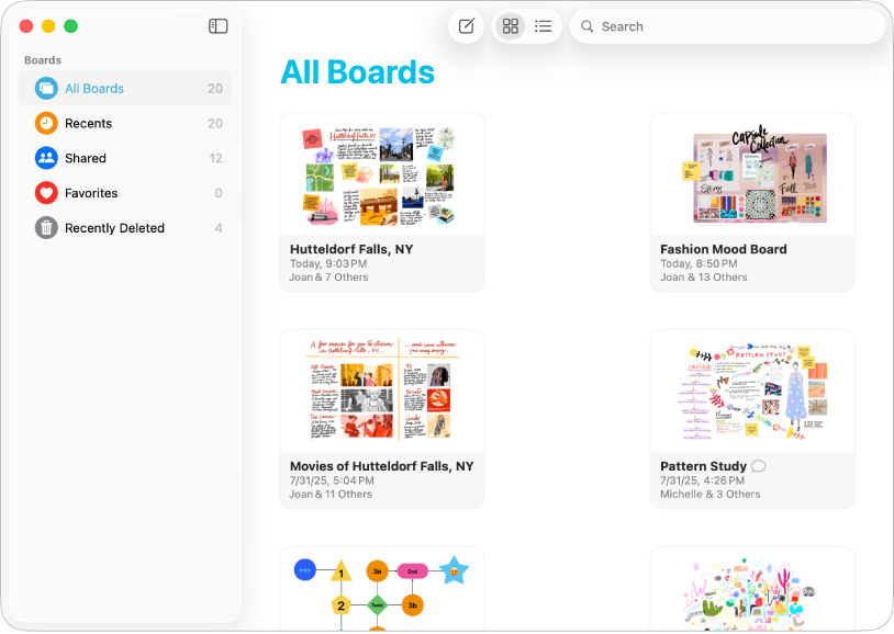 App Freeform avec l’option « Tous les tableaux ».