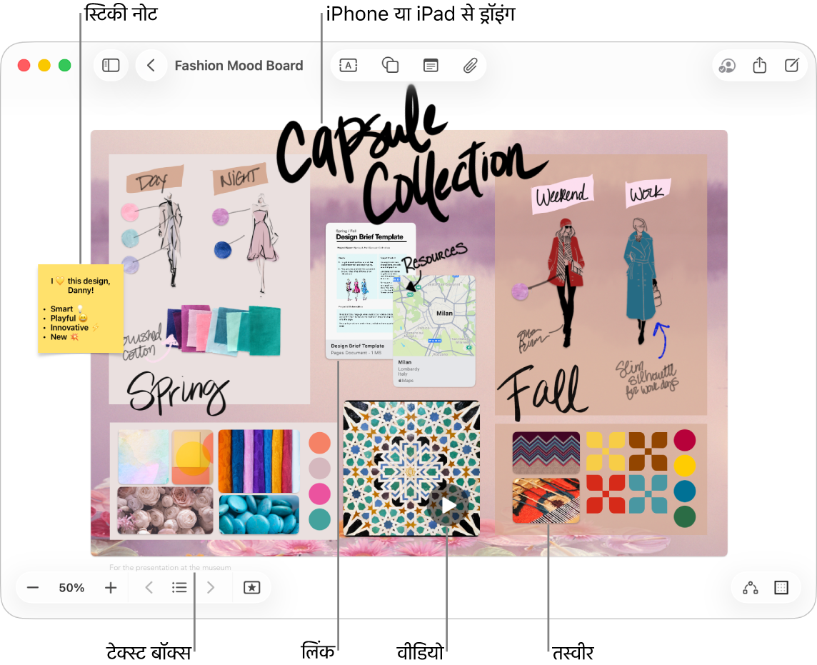 Freeform बोर्ड जिसमें कई आइटम जैसे iPhone या iPad से ड्रॉइंग, स्टिकी नोट, लिंक, टेक्स्ट बॉक्स, वीडियो और कई तस्वीरें हैं।