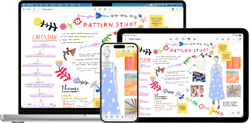 Egy Mac, egy iPhone és egy iPad, amelyeken ugyanaz a Freeform-tábla van megnyitva.