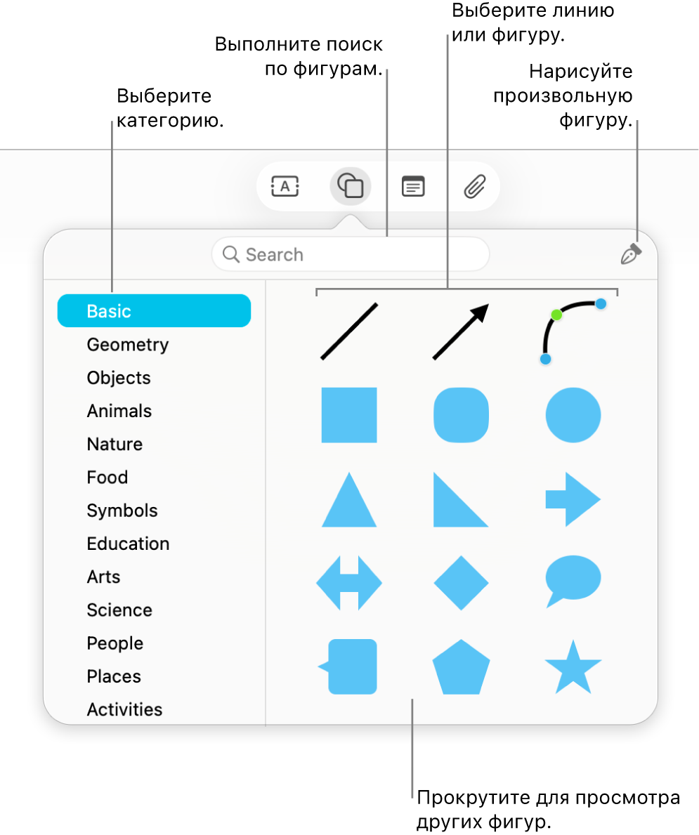 В библиотеке фигур вверху отображается поле поиска, слева — список категорий, справа — коллекция фигур. Можно выбрать фигуру из коллекции, прокрутить для отображения других фигур либо нарисовать собственную фигуру с помощью инструмента «Перо».