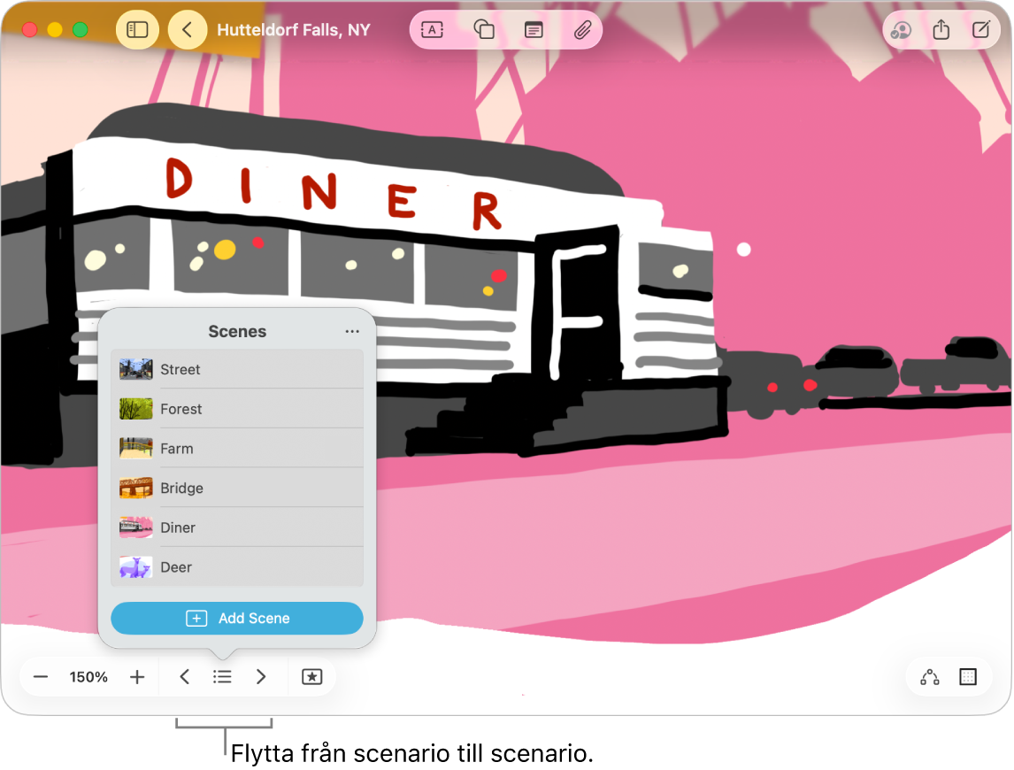 En Freeform-tavla med scenarienavigatorn öppen.