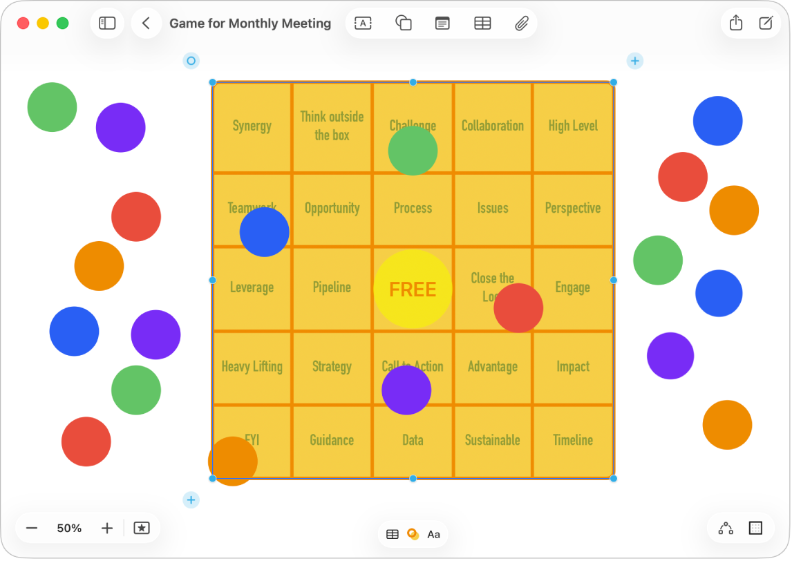 Таблиця на дошці Freeform, з видимими інструментами форматування й малими синіми точками на краях для змінення її форми.