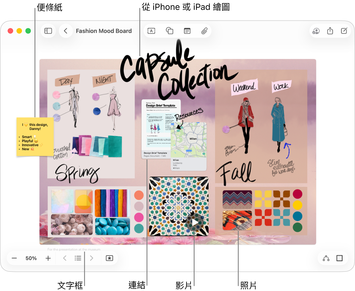 包含各種項目的「無邊記」白板，例如來自 iPhone 或 iPad 的繪圖、便條紙、連結、文字框、影片和幾張照片。