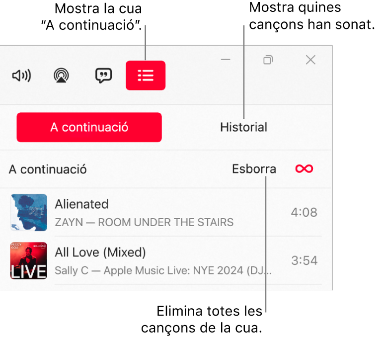 L’angle superior dret de la finestra de l’Apple Music, amb el botó “A continuació” a la part superior de la cua “A continuació”. El botó “Historial” és a la dreta del botó “A continuació”. Selecciona el botó d’historial per veure la llista de cançons reproduïdes anteriorment. L’enllaç “Esborra” és a sota del botó “Historial”. Selecciona l’enllaç “Esborra” per eliminar totes les cançons de la cua.