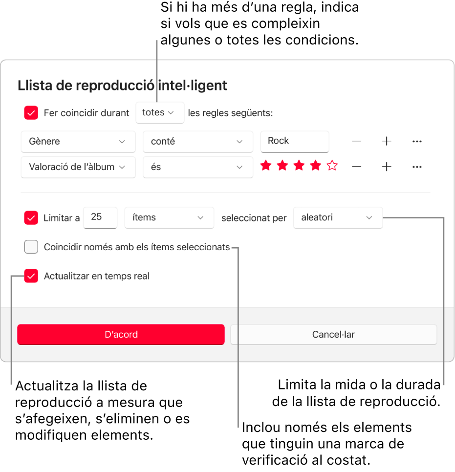 El quadre de diàleg “Llista de reproducció intel·ligent”: A la cantonada superior esquerra, selecciona “Fes coincidir” i indica els criteris de la llista de reproducció (com ara el gènere i la puntuació). Continua afegint o eliminant regles seleccionant els botons d’afegir o d’eliminar de la cantonada superior dreta. Pots seleccionar diverses opcions a la part inferior del quadre de diàleg, com ara limitar la mida o la durada de la llista de reproducció, incloure només les cançons que estan marcades o fer que l’Apple Music actualitzi la llista de reproducció a mesura que canviïn els elements de la biblioteca.