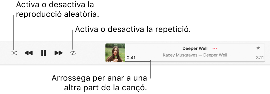 La finestra de reproducció amb la cançó que s’està reproduint. El botó “Aleatori” és a l’angle superior esquerre i el botó “Repeteix”, a l’esquerra de la il·lustració de l’àlbum. La reproducció dinàmica és a sota del nom de la cançó, a la part dreta de la finestra.