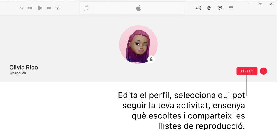 La pàgina de perfil de l’Apple Music: a la banda dreta de la finestra hi ha el botó d’editar, que pots seleccionar per editar el teu perfil, seleccionar qui pot seguir la teva activitat, mostrar què escoltes i compartir llistes de reproducció.