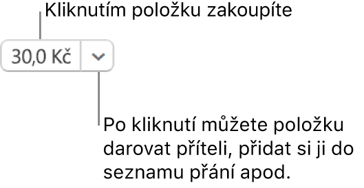 Tlačítko s cenou. Výběrem cenovky položku zakoupíte. Když vyberete šipku vedle cenovky, můžete položku darovat příteli, přidat ji do svého seznamu přání a podobně.