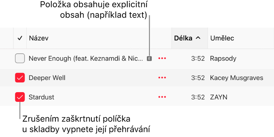 Detail seznamu skladeb v Apple Music se zaškrtávacími políčky na levé straně a symbol explicitního obsahu u první skladby (symbol znamená, že skladba má explicitní obsah, například text) Skladby, u kterých zrušíte zaškrtnutí políčka, se nebudou přehrávat