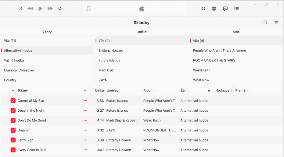 Okno aplikace Hudba, v němž je vidět seznam skladeb a nad ním sloupcový prohlížeč