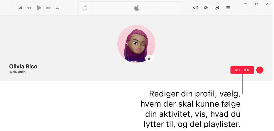 Profilsiden i Apple Music: I højre side af vinduet findes knappen Rediger, som du kan vælge for at redigere din profil, vælge, hvem der kan følge din aktivitet, vise, hvad du lytter til, og dele playlister.