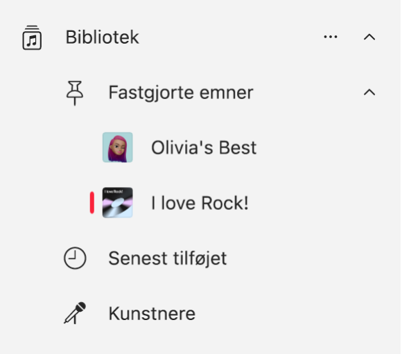 Indholdsoversigten i Musik viser en liste over emner, der er blevet fastgjort i biblioteket.