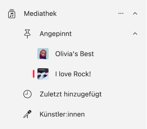 Die Seitenleiste der App „Musik“ mit einer Liste von Objekten, die in der Mediathek angepinnt wurden.