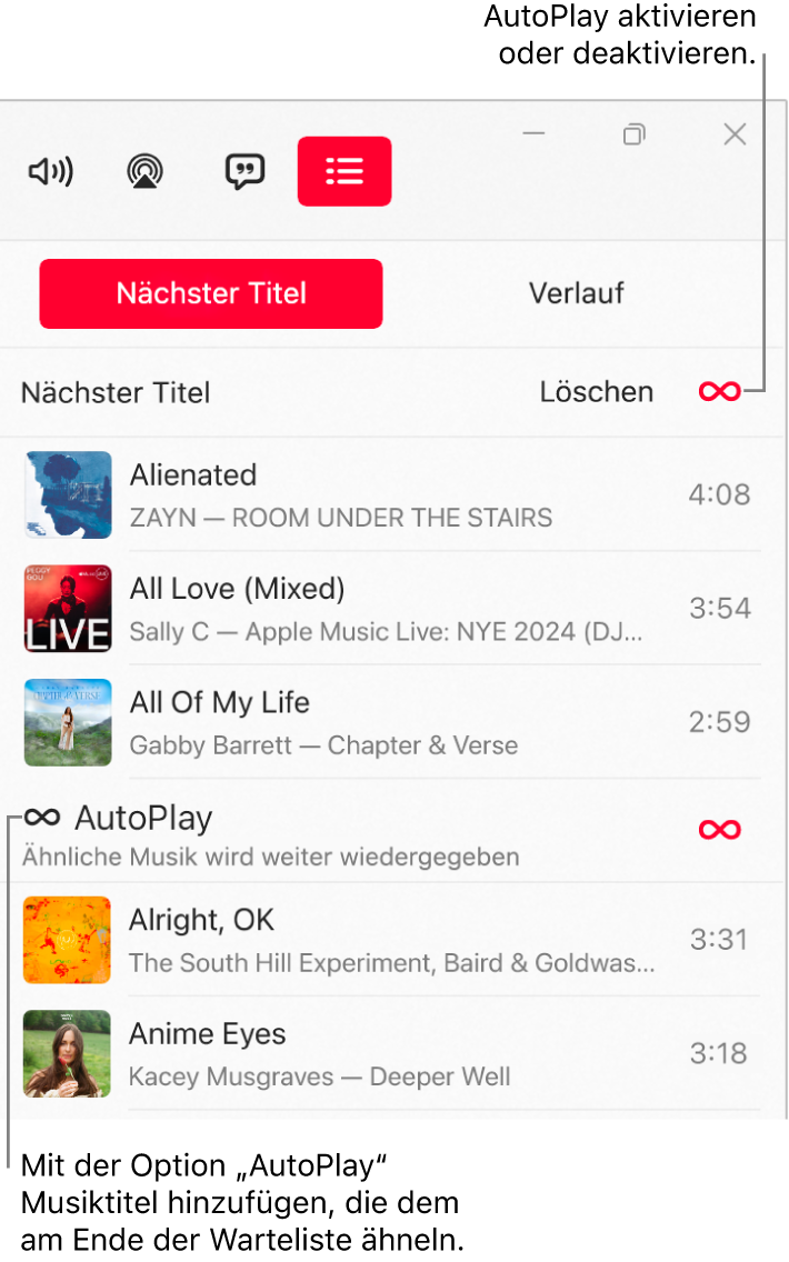 Die Warteliste „Nächster Titel“ mit einer Auflistung der nächsten Titel und dem Symbol „AutoPlay“ auf der rechten Seite. Wähle das Symbol „AutoPlay“ aus, um die Funktion zu aktivieren oder zu deaktivieren. Wenn „AutoPlay“ aktiviert ist, werden am Ende der Liste ähnliche Titel hinzugefügt.