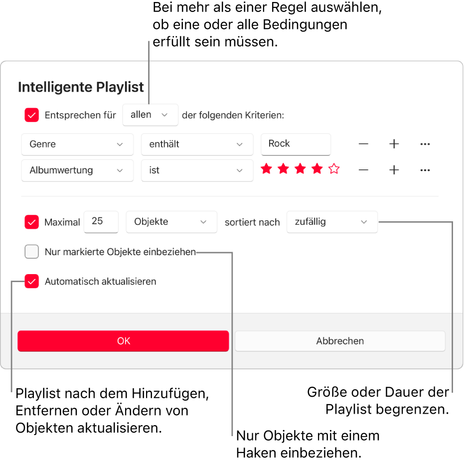 Das Dialogfenster „Intelligente Playlist“: Wähle oben links „Enthält“ und gib die Kriterien für die Playlist an (etwa Genre oder Wertung). Durch Auswählen der Taste „Hinzufügen“ oder „Entfernen“ oben rechts kannst du weitere Regeln hinzufügen oder Regeln entfernen. Im unteren Bereich des Dialogfensters kannst du verschiedene Optionen auswählen, um z. B. die Größe oder Dauer der Playlist zu beschränken, um nur solche Titel aufzunehmen, die markiert sind, oder um Apple Music die Playlist ändern zu lassen, wenn sich Objekte in deiner Mediathek ändern.