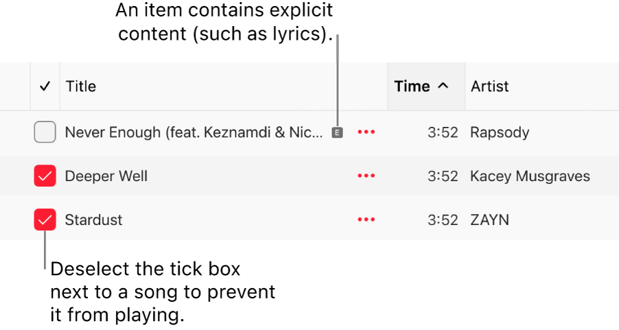 Detail of the songs list in Apple Music, showing the tickboxes and an explicit symbol for the first song (indicating it has explicit content such as lyrics). Deselect the tickbox next to a song to prevent it from playing.