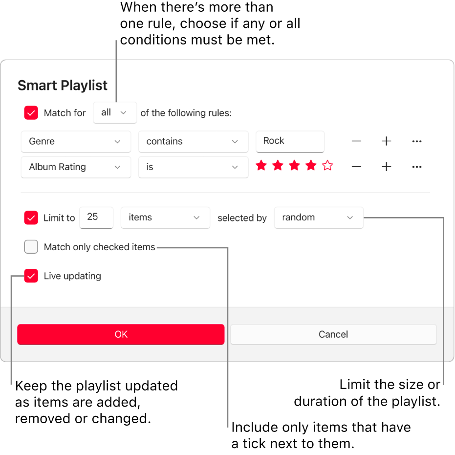 The Smart Playlist dialogue: In the top-left corner, select Match, then specify the playlist criteria (such as genre or rating). Continue to add or remove rules by selecting the Add or Remove button on the right. Select various options in the lower portion of the dialog such as limiting the size or duration of the playlist, including only songs that are ticked, or having Apple Music update the playlist as items in your library change.