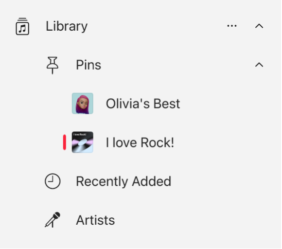 The Music sidebar showing a list of items that have been pinned in the library.