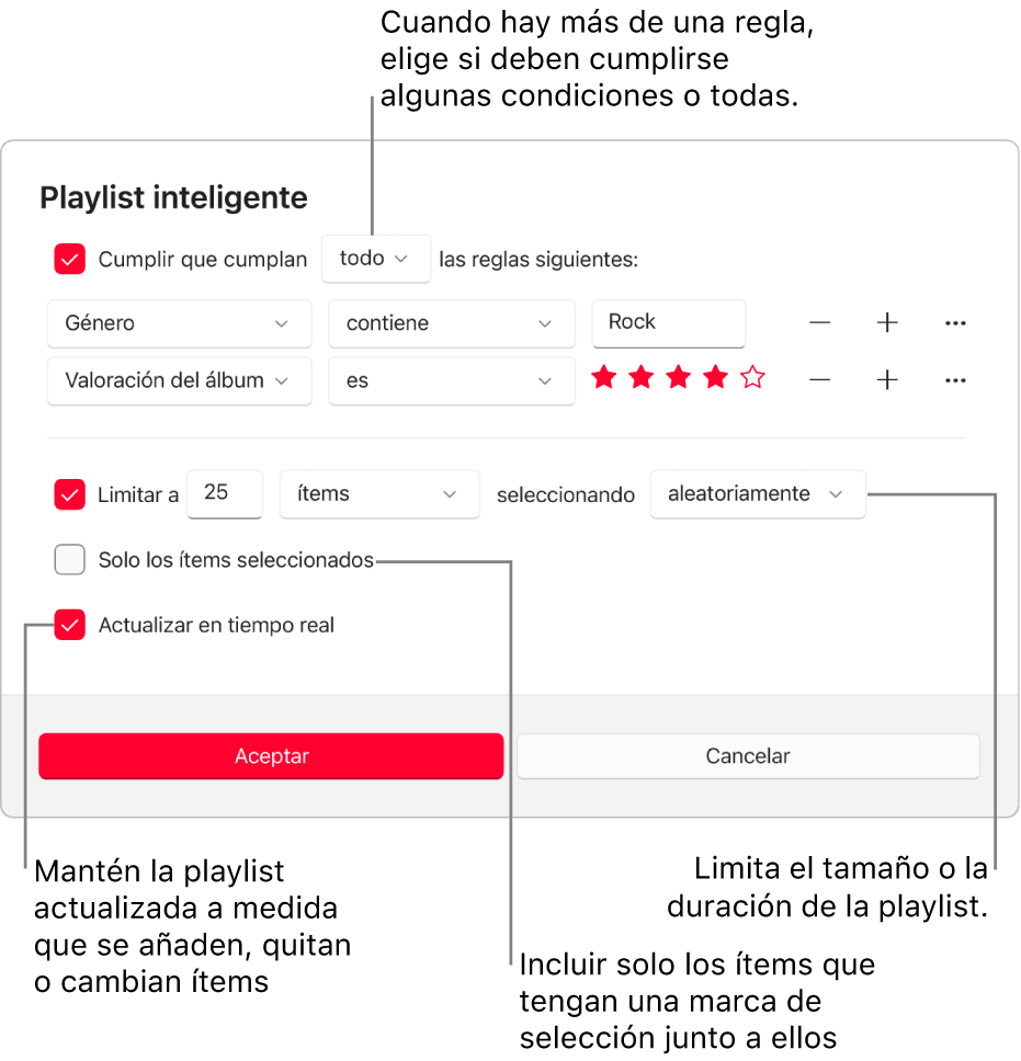 El cuadro de diálogo de “Playlist inteligente”: En la esquina superior izquierda, selecciona “Ítems de” y especifica los criterios de la playlist (como el género o la puntuación). Sigue añadiendo o eliminando reglas seleccionando el botón Añadir o Eliminar de la derecha. Selecciona varias opciones en la parte inferior del cuadro de diálogo, como el límite del tamaño o la duración de la playlist, si incluir solo las canciones seleccionadas o hacer que Apple Music actualice la playlist si cambian los ítems de la biblioteca.