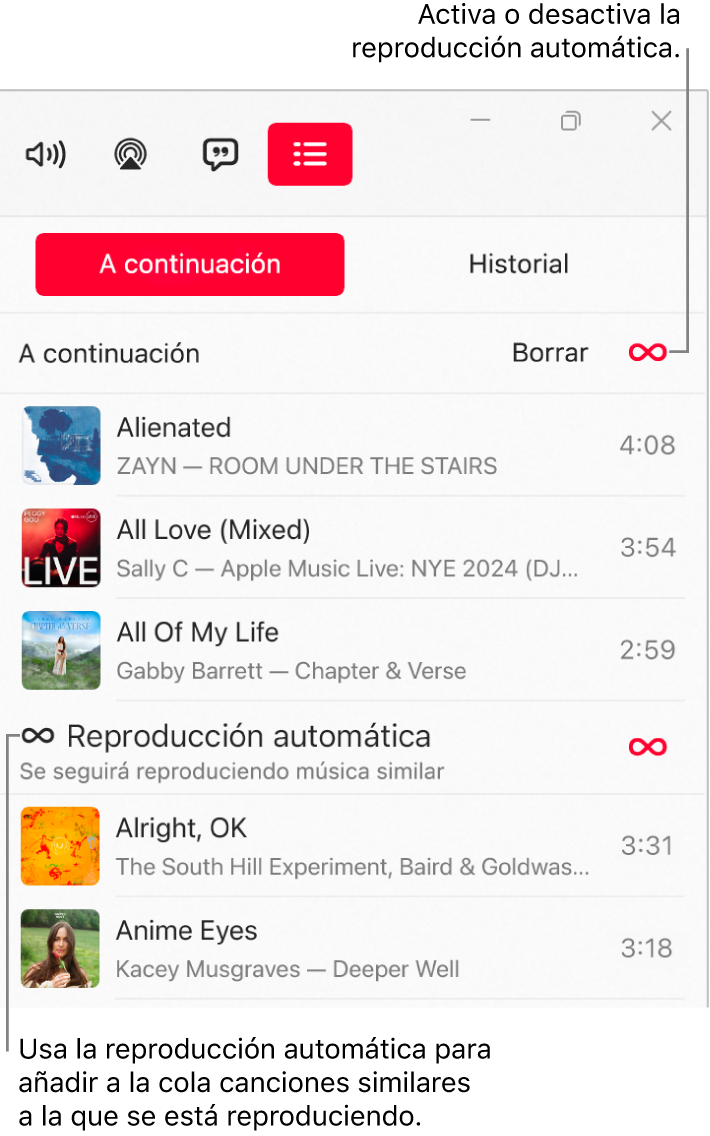 La cola “A continuación”, con una lista de las siguientes canciones y el icono “Reproducción automática” a la derecha. Selecciona el icono “Reproducción automática” para activar o desactivar esta función. Si está activada la reproducción automática, se añaden canciones similares al final de la cola.