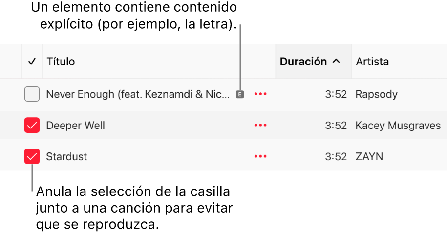 Detalle de la lista de canciones en la app Apple Music, con las casillas a la izquierda y el símbolo de contenido explícito para la primera canción (que indica que su contenido es explícito, por ejemplo, la letra). Anula la selección junto a una canción para evitar que se reproduzca.